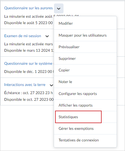 L'option Statistiques du menu déroulant Actions d'un questionnaire.