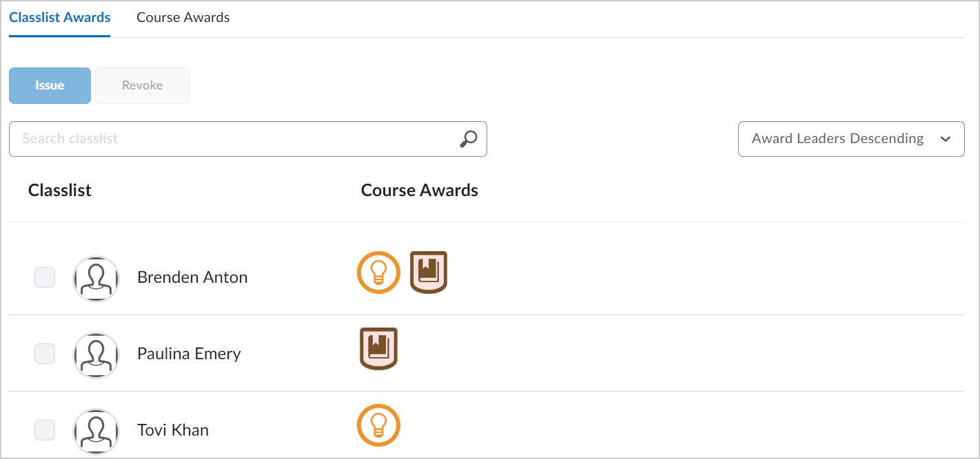 La pestaña Premios del listado de alumnos.