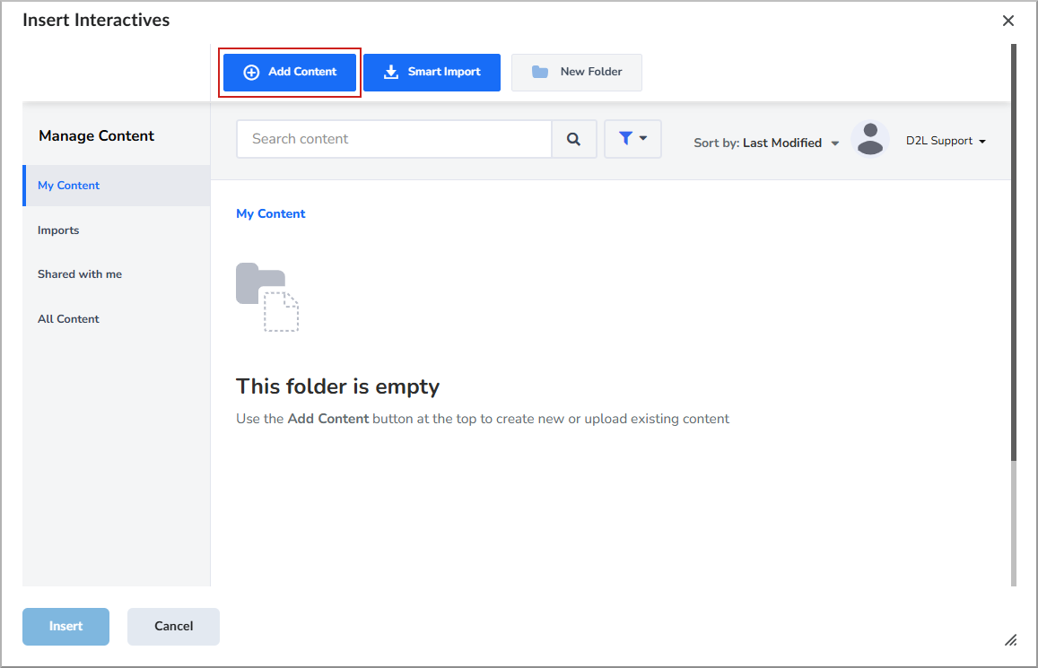 Insert Interactives page with Add Content highlighted.