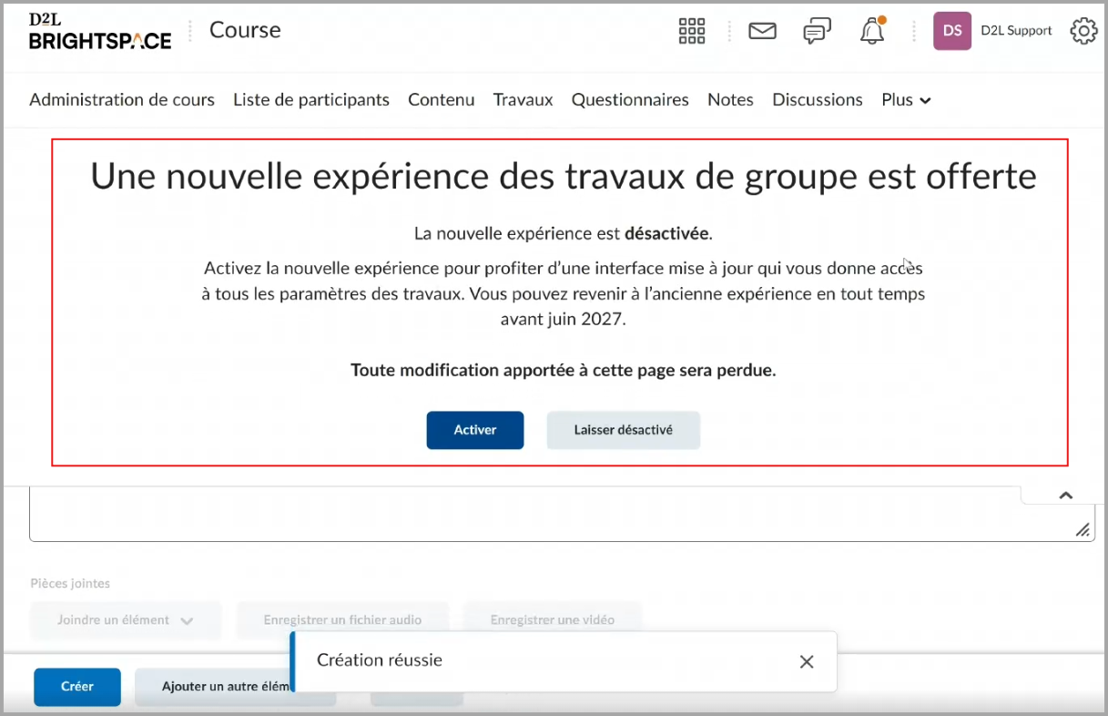 Liste déroulante invitant les utilisateurs à essayer de créer des travaux de groupe dans la nouvelle expérience, avec les boutons Activer et Laisser désactivé au-dessus du formulaire de création de travaux.
