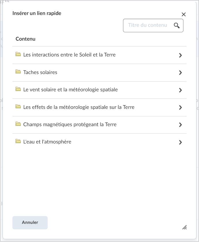 Modules de contenu et sujets dans la boîte de dialogue Insérer le lien rapide