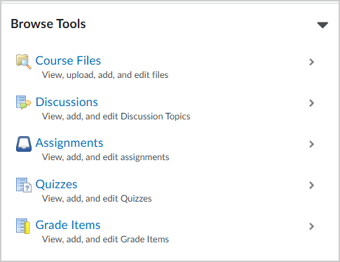 Het gedeelte Bladeren in tools van Course Builder™.