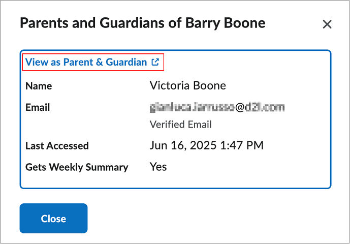 The Parents and Guardians of student window displays parent contack information plus the new link to View as Parent Guardian.