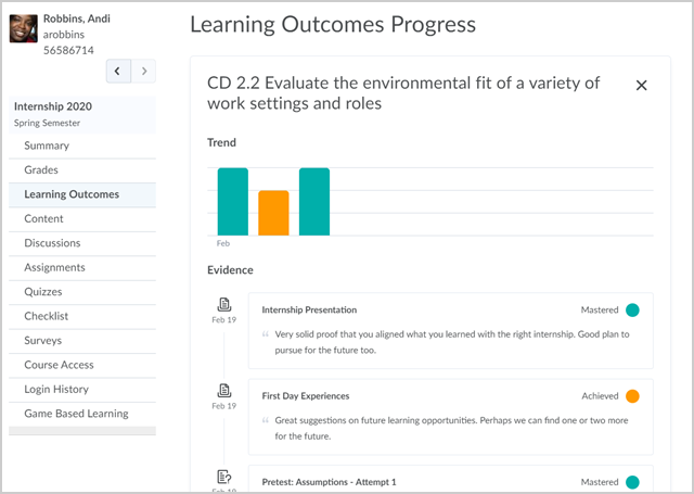 A detailed view of a learning outcome in the Class Progress tool