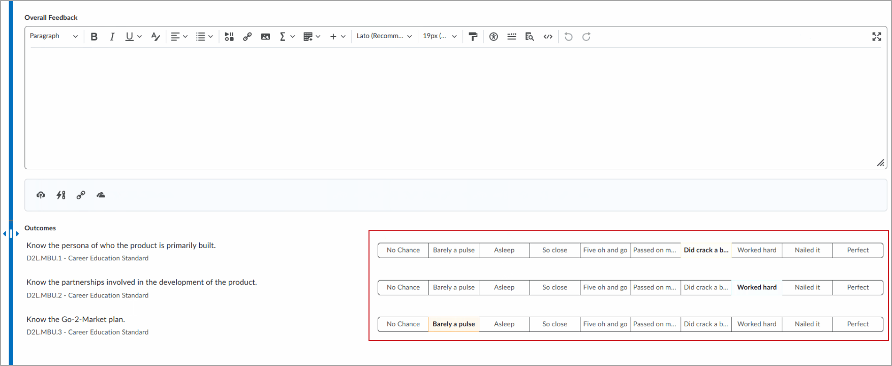 Outcomes achievement levels in flexible-width columns, displaying most of the levels' full names.