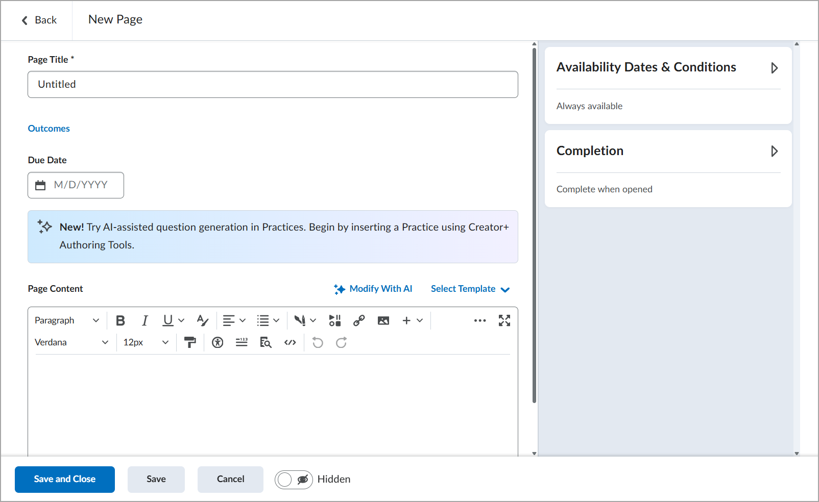 The New Page dialog