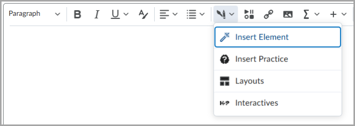 La barra de herramientas del Editor de Brightspace con el menú desplegable Insertar expandido, en el que se muestran las opciones Insertar elemento, Insertar práctica, Diseños y Elementos interactivos.