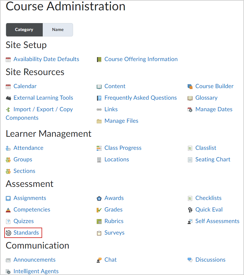 The Standards tool on the course admin page.