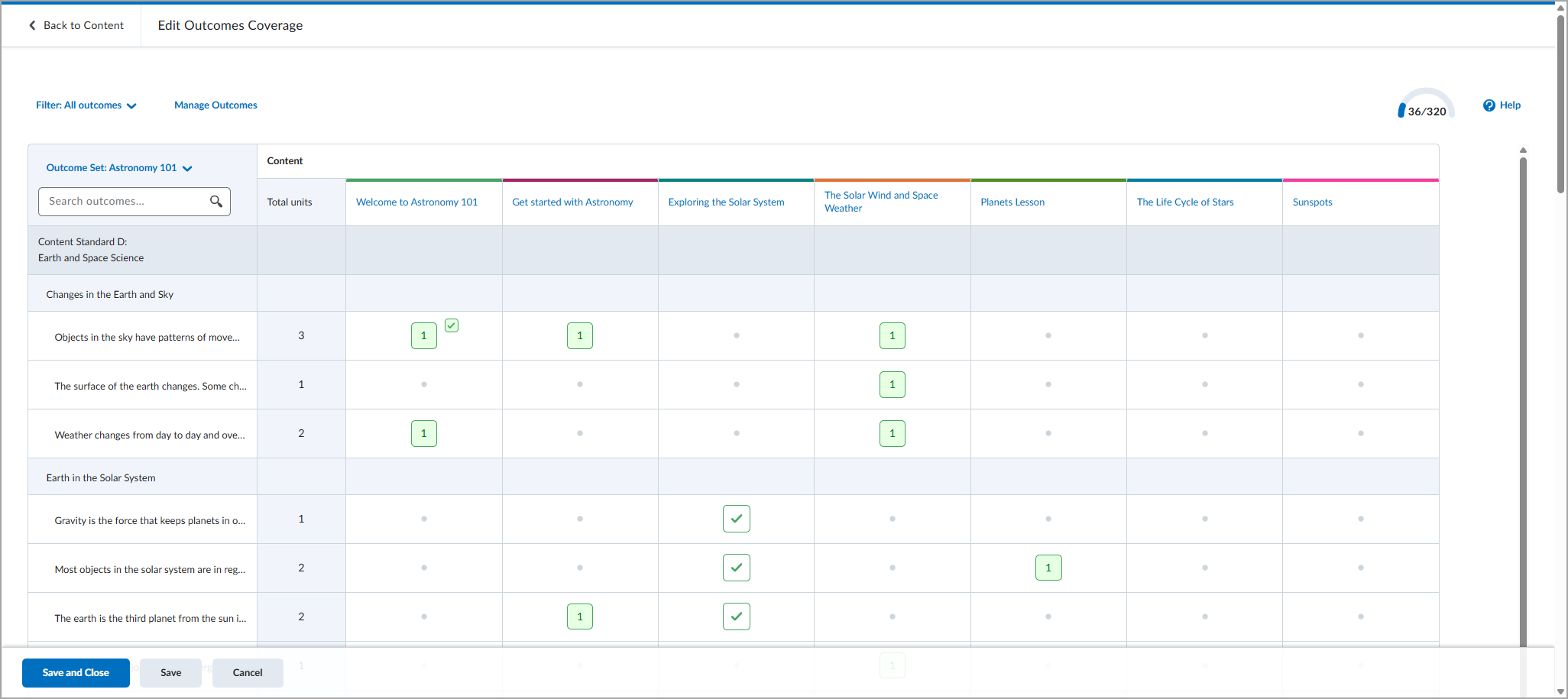 Edit Outcomes Coverage page displaying learning outcome alignment across course modules