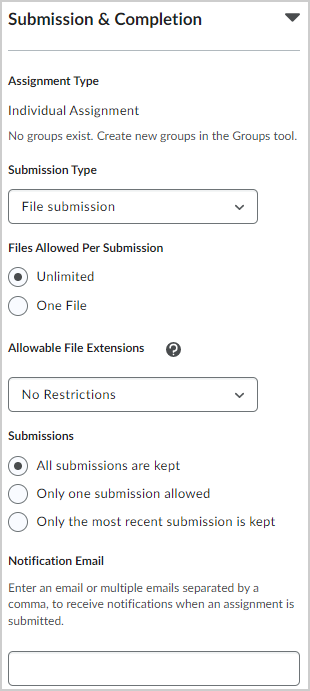 The Submission and Completion settings of a New Assignment.