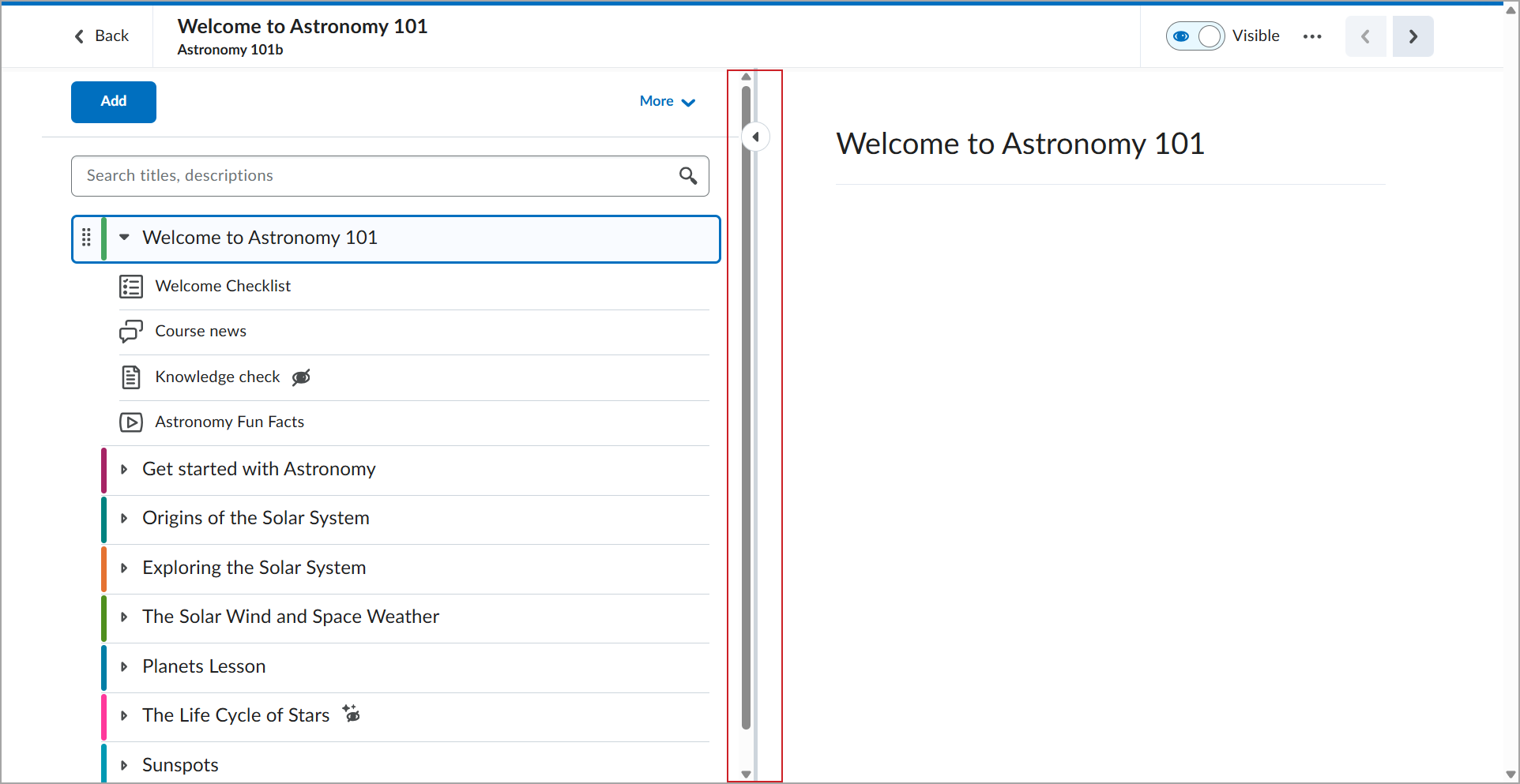 Tabla de contenido con tamaño ajustable, mostrada en la Vista inmersiva