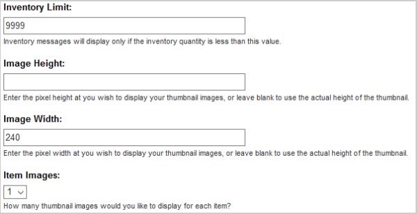 The Inventory Limit, Image Height, Image Width, and Item Images fields