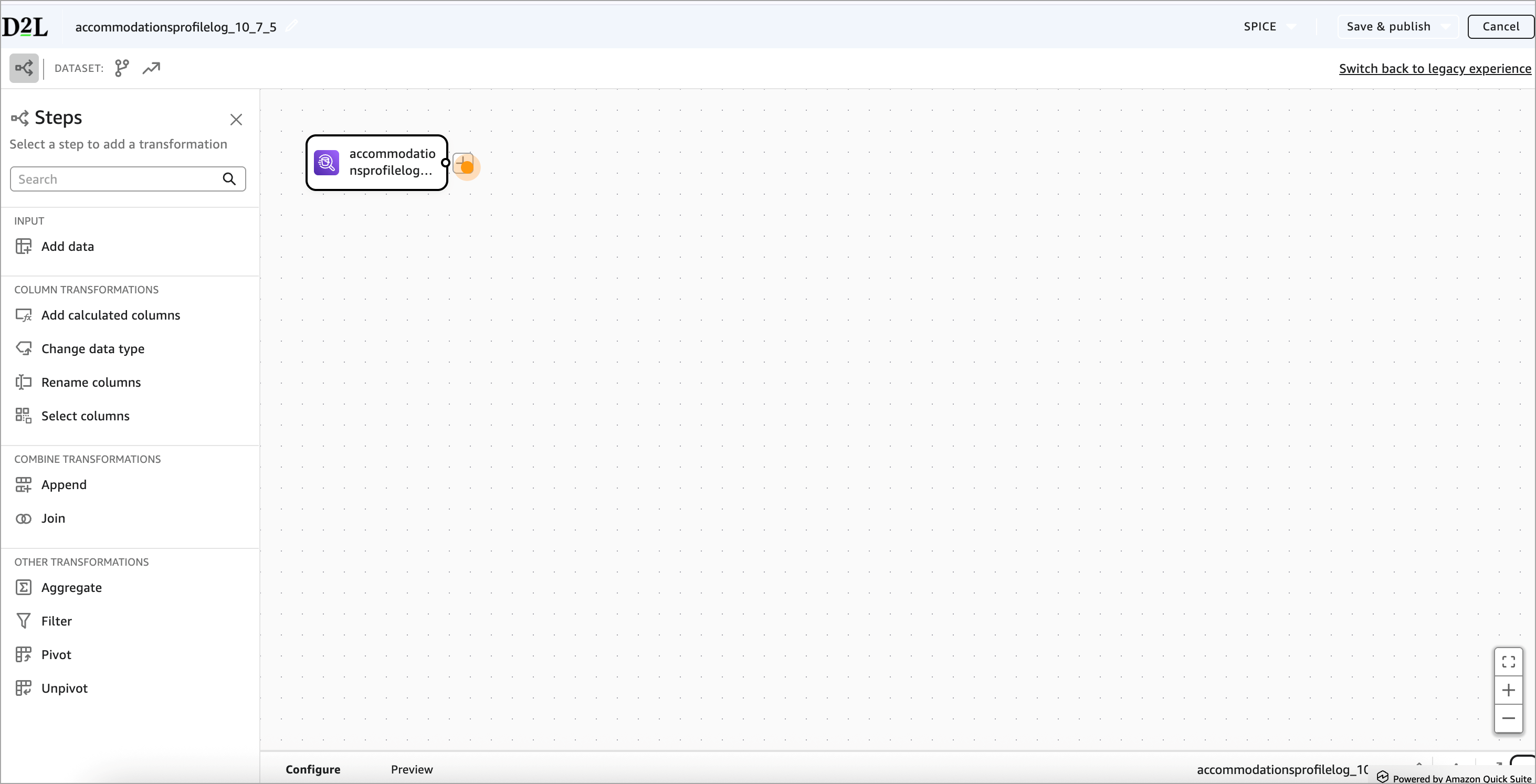 View of the data preparation canvas containing one object, labeled 'accommodationsprofilelog-10_7_5'. That label appears at the top of the page as well.