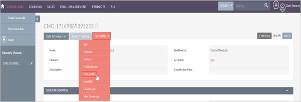 Le menu déroulant Actions comprend l’option Imprimer en format PDF.