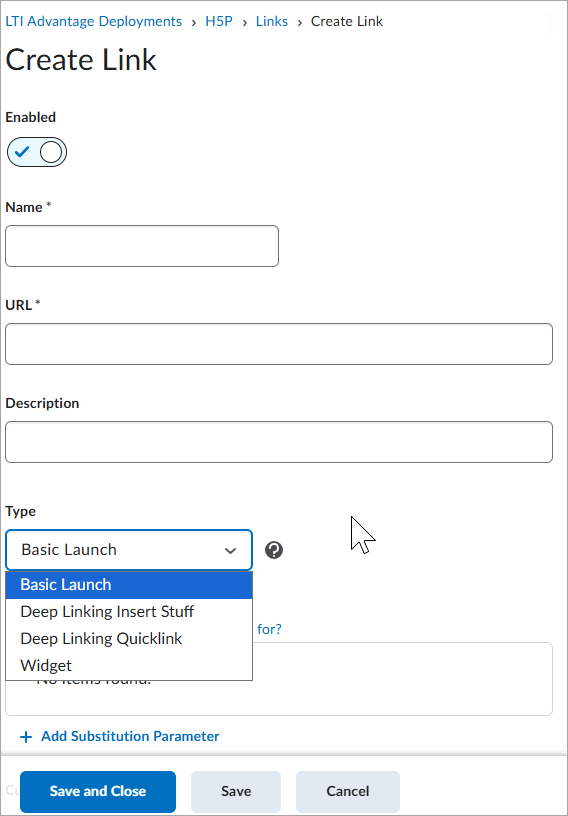 Opções de link na página Links de Implementação