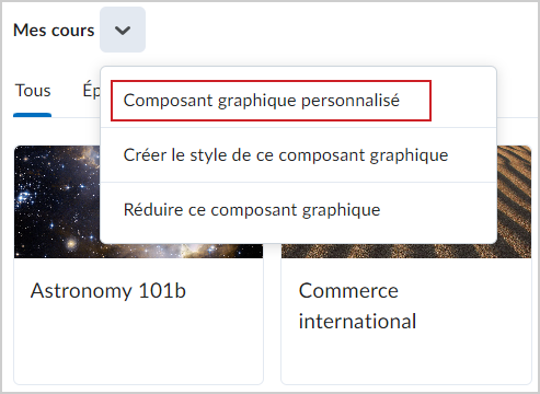 L'option Personnaliser ce composant graphique du composant graphique Mes cours.