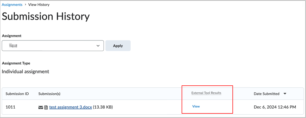 On the Submission History page, the View link appears in the External Tool Results column