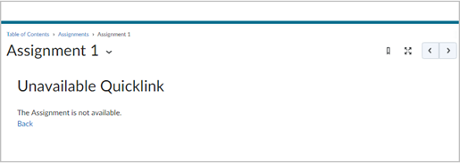 Um exemplo de erro de QuickLink indisponível depois de clicar no link de envio de atribuição.