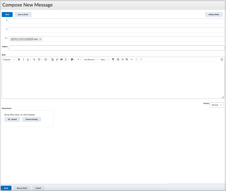 Compose New Message screen with parent emails in BCC field