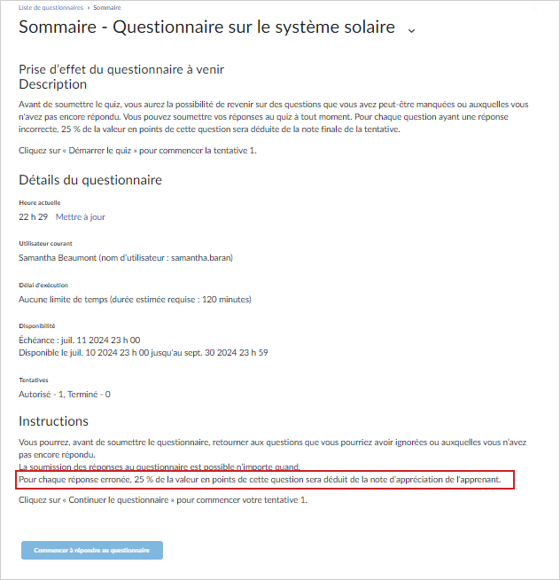 Un énoncé avisant l'utilisateur que la notation négative d’un questionnaire est activée.