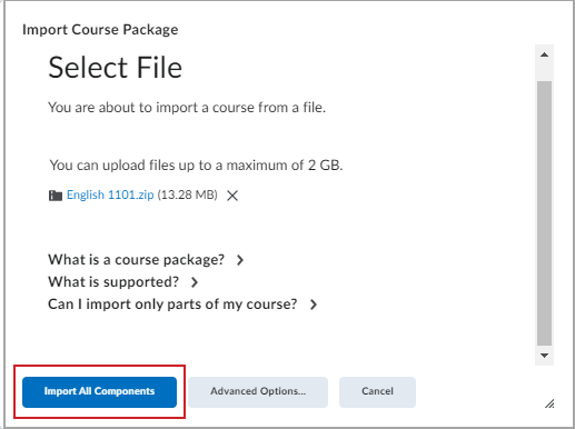 The Import Course Package pop-up window highlighting the Import All Components button.