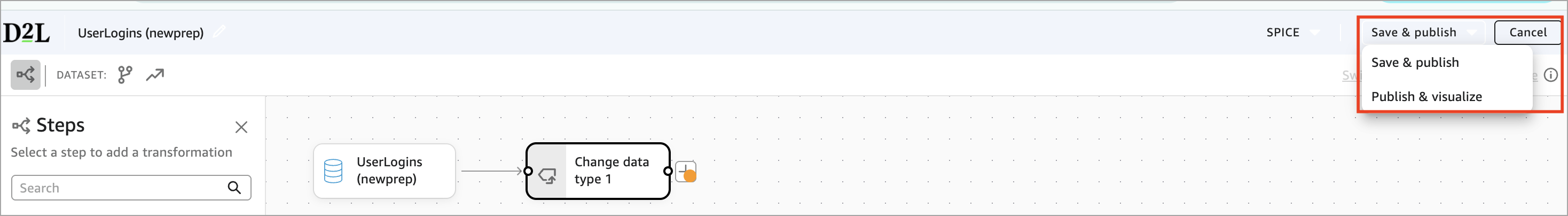 Barra de ferramentas do Analíticos Builder com o menu suspenso Salvar & Publish aberto, mostrando as duas opções selecionáveis: Salvar & Publish e Publish & Visualize.