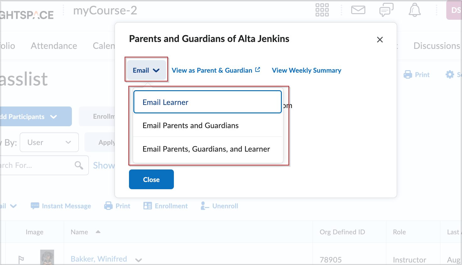 Opções de e-mail do professor: aluno, pais e responsáveis, ou todos.