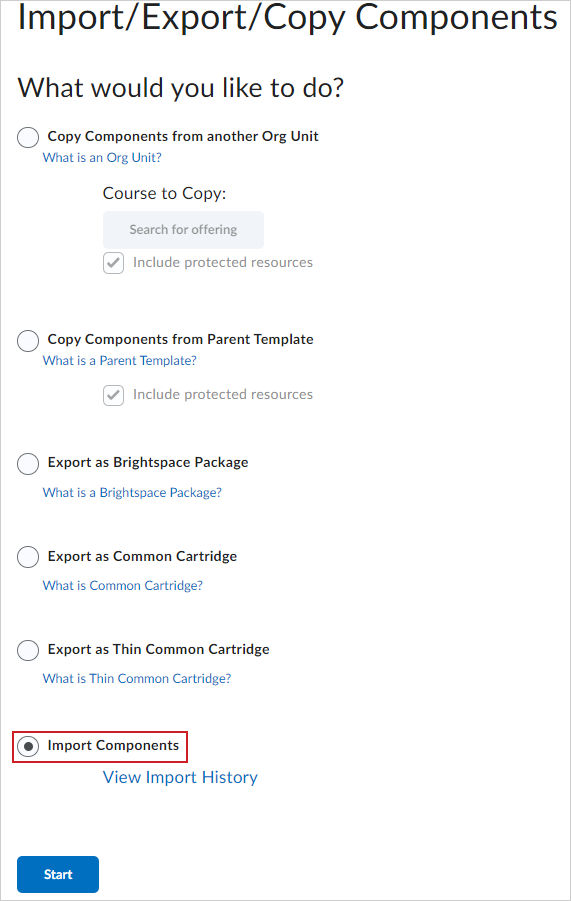 The Import Components option of the Import/Export/Copy Components page.