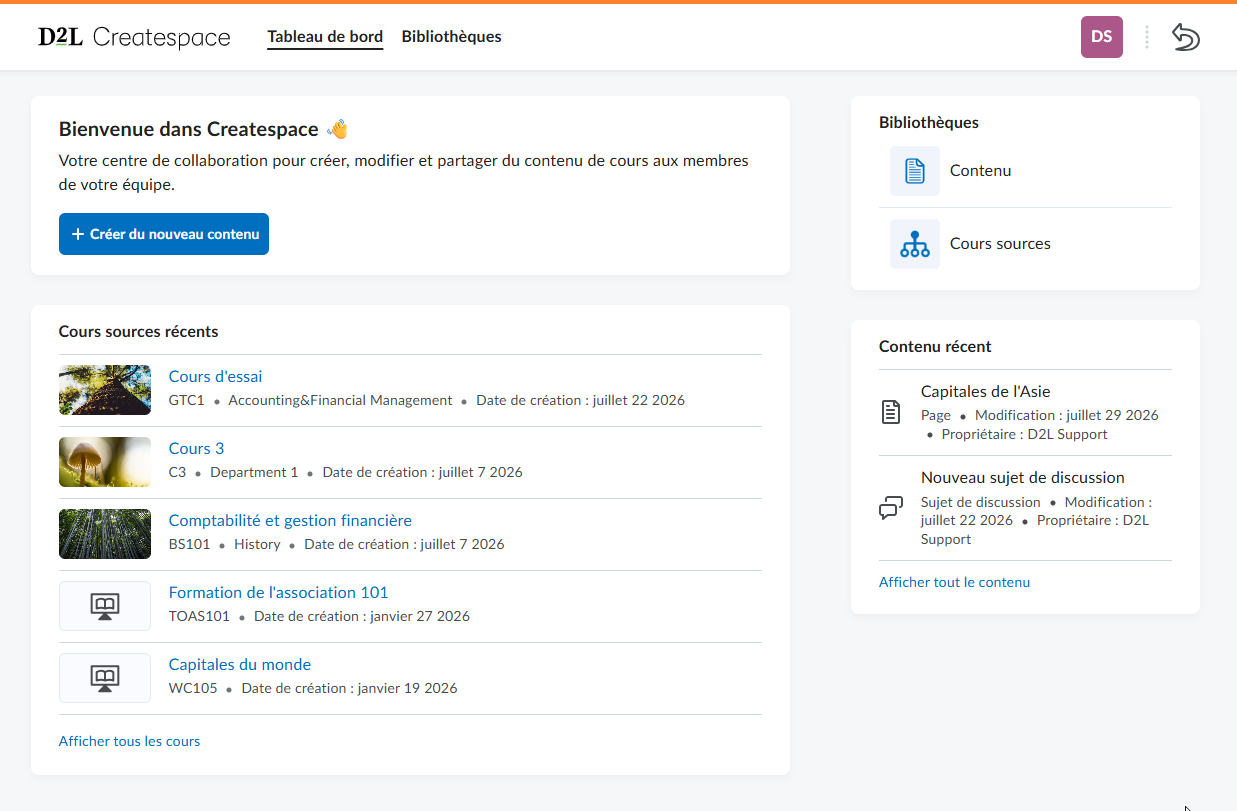 La page d'accueil de Createspace qui affiche l'espace de travail central et les options de cours source.
