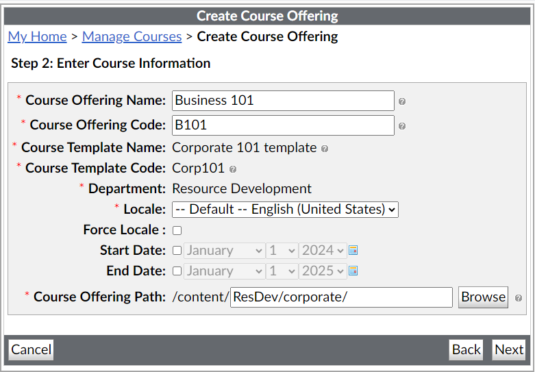 A interface Criar oferta de Curso