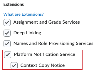 An image of the Extensions section with Platform Notification and Context Copy Notice selected.