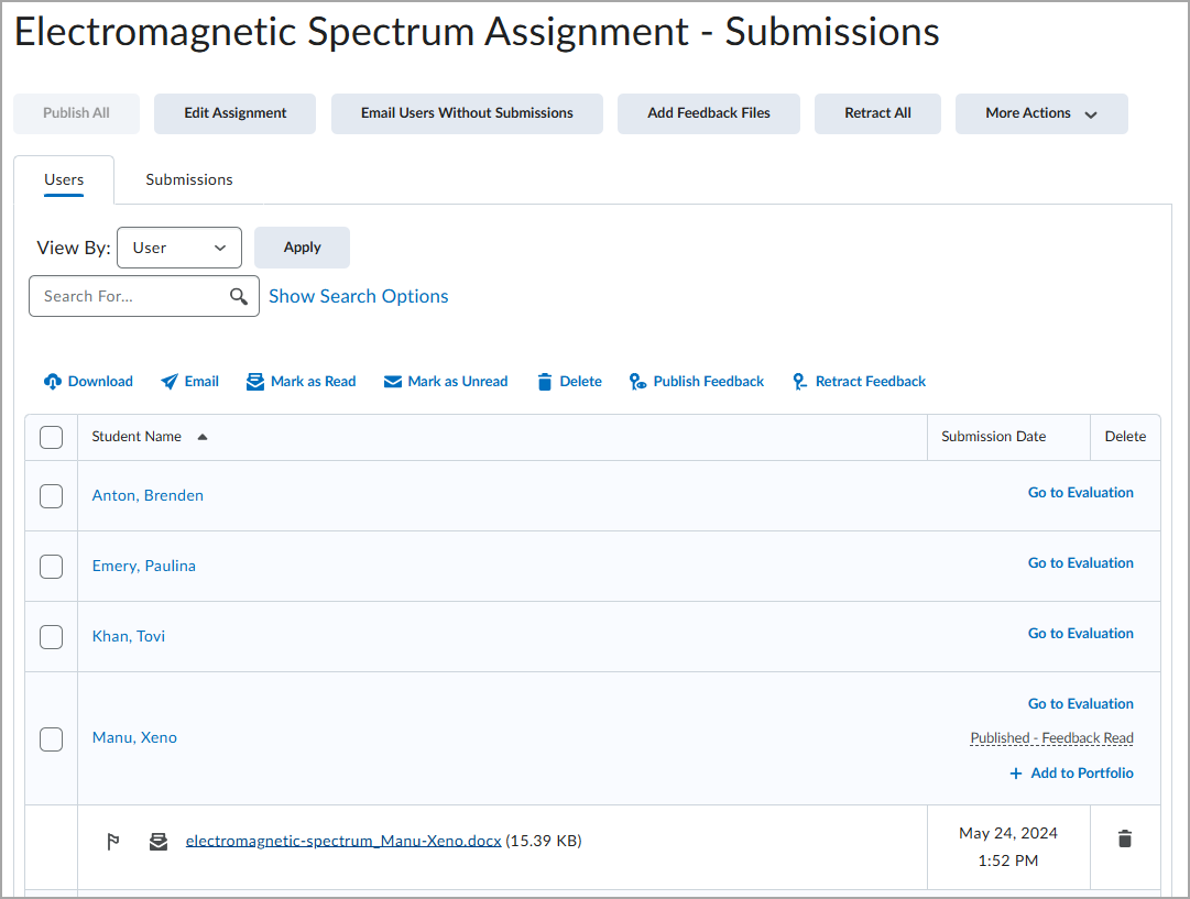 The Submissions page for an assignment displaying the assignment's evaluation status