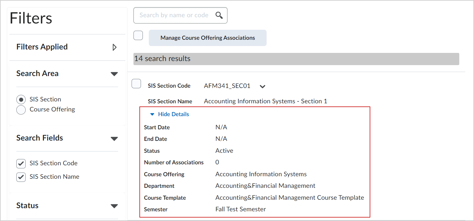 Detalhes exibidos para uma seção específica do Sistema de informações do aluno.