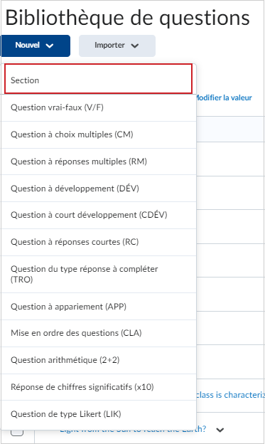 La liste déroulante Nouveau comprend l'option Section.