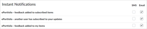 The option to enable Instant Notifications for ePortfolio-related updates via SMS or Email
