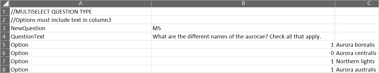 An example of a multiselect question added to your CSV file.