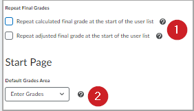 Repeat Final Grades ad Start Page settings.