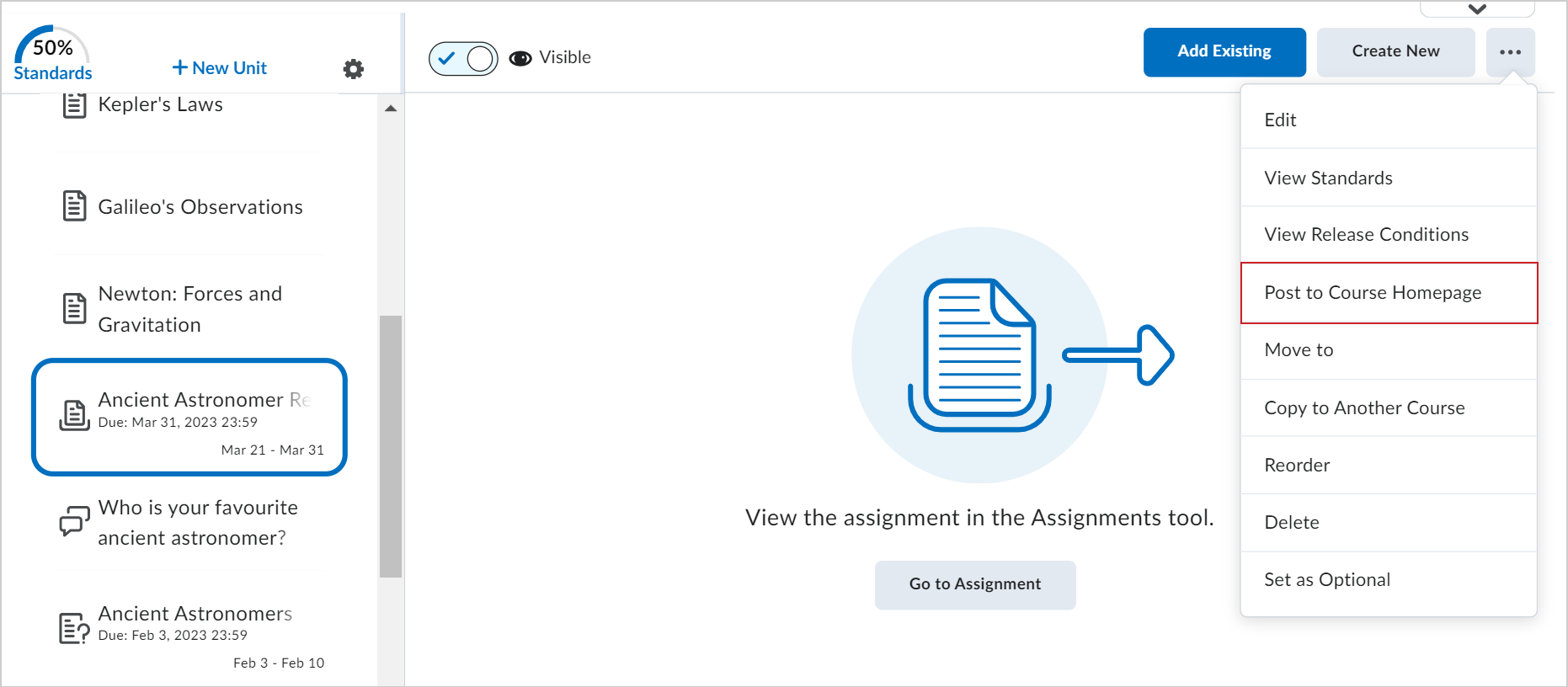 The table of contents pane showing an assignment. The Options menu is open with the Post to Course Homepage option highlighted.