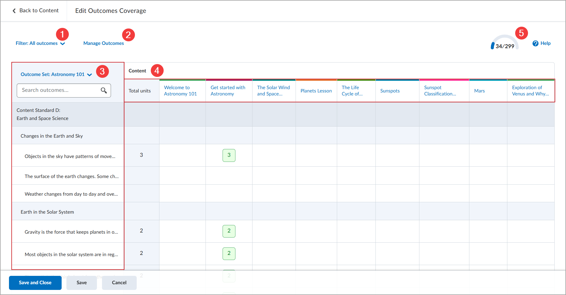 De pagina Dekking van resultaten bewerken met resultaatfilters, de resultaatset, het toewijzingsraster voor inhoud en een indicator voor de dekkingsvoortgang