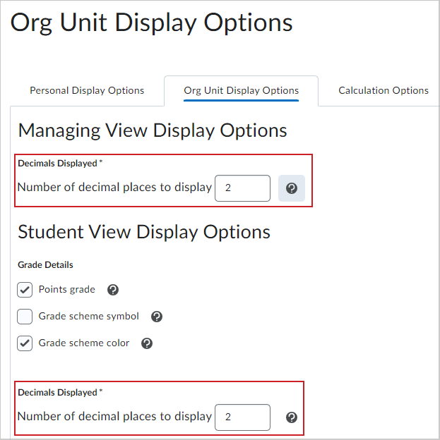 The Managing View Display Options and Student View Display Options sections showing the field for altering the decimal display for grades