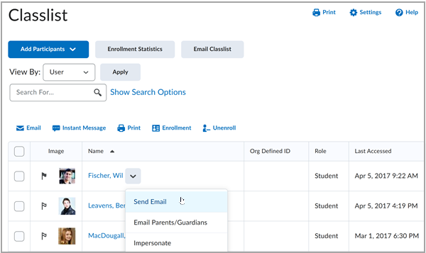 The Send Email action for an individual student.