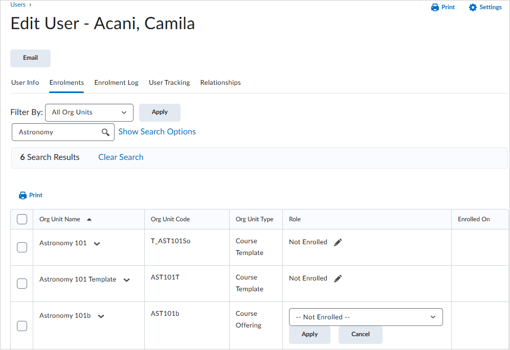 The Edit User page as seen by administrators. The Enrolments tab is selected and the user is selecting from a dropdown of available roles.