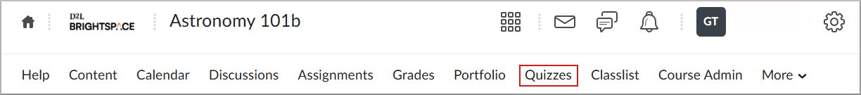 شريط التنقل في Brightspace مع خيار الاختبارات موضح باللون الأحمر