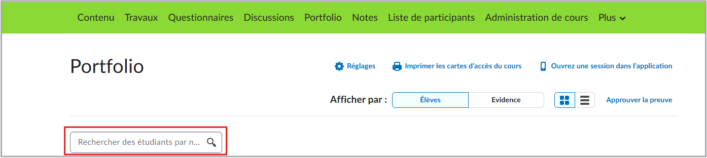 La vue Étudiants de l’outil Portfolio, affichant une nouvelle barre de recherche avec le texte Rechercher des étudiants par nom.