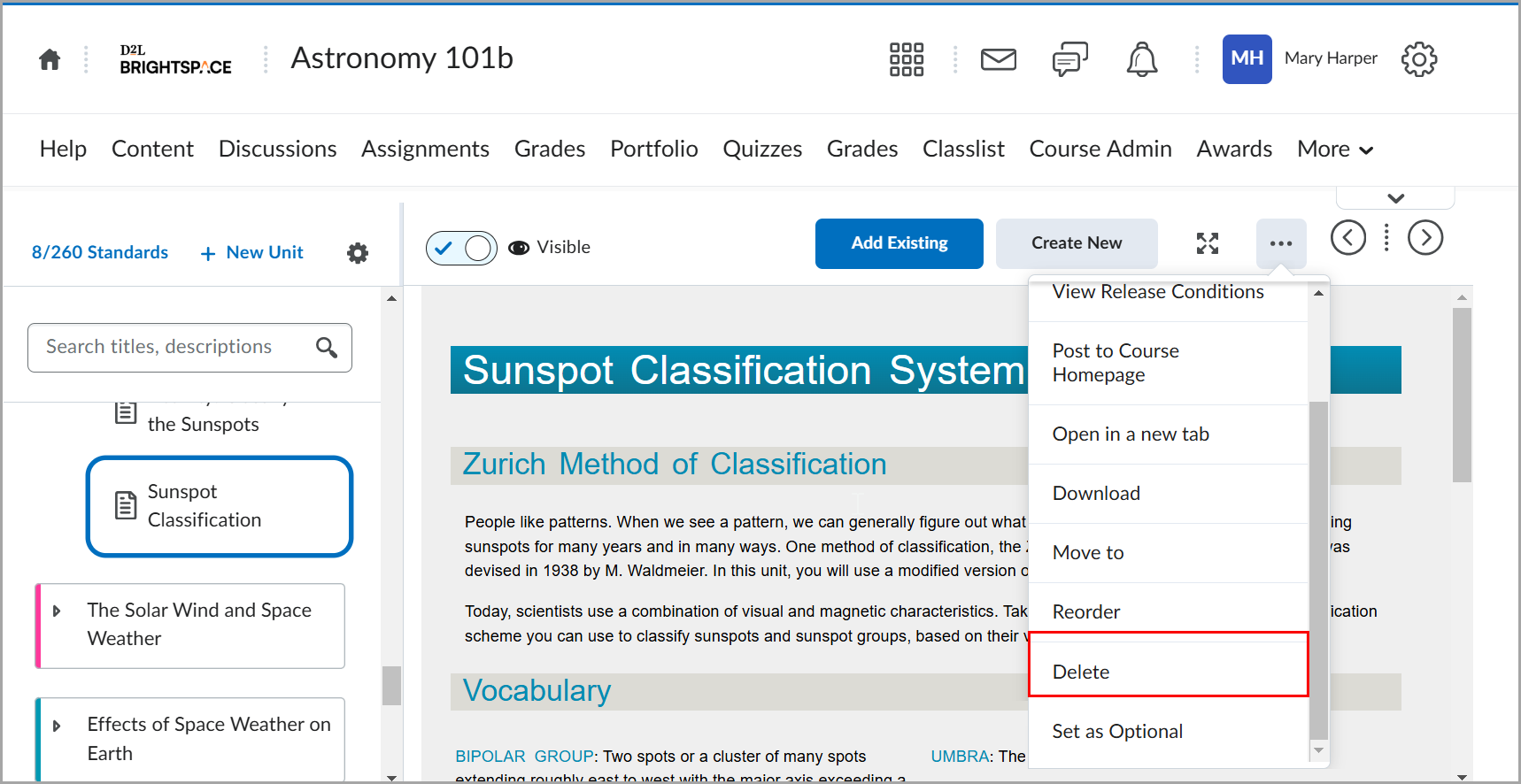 The Options menu in the Content tool showing the Edit option for a content topic