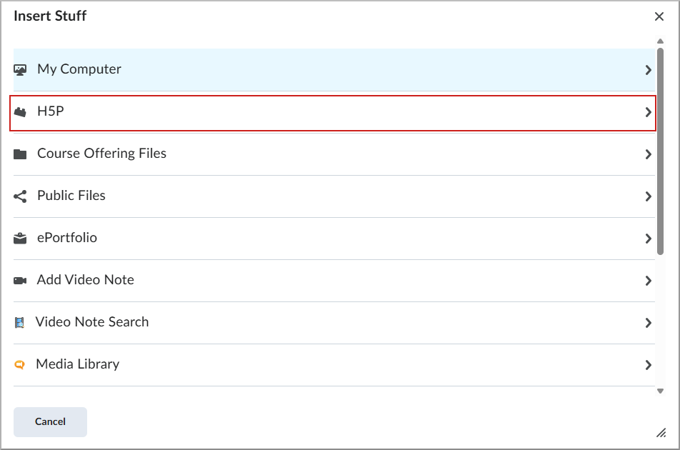 Diálogo de insertar objetos con H5P seleccionado.