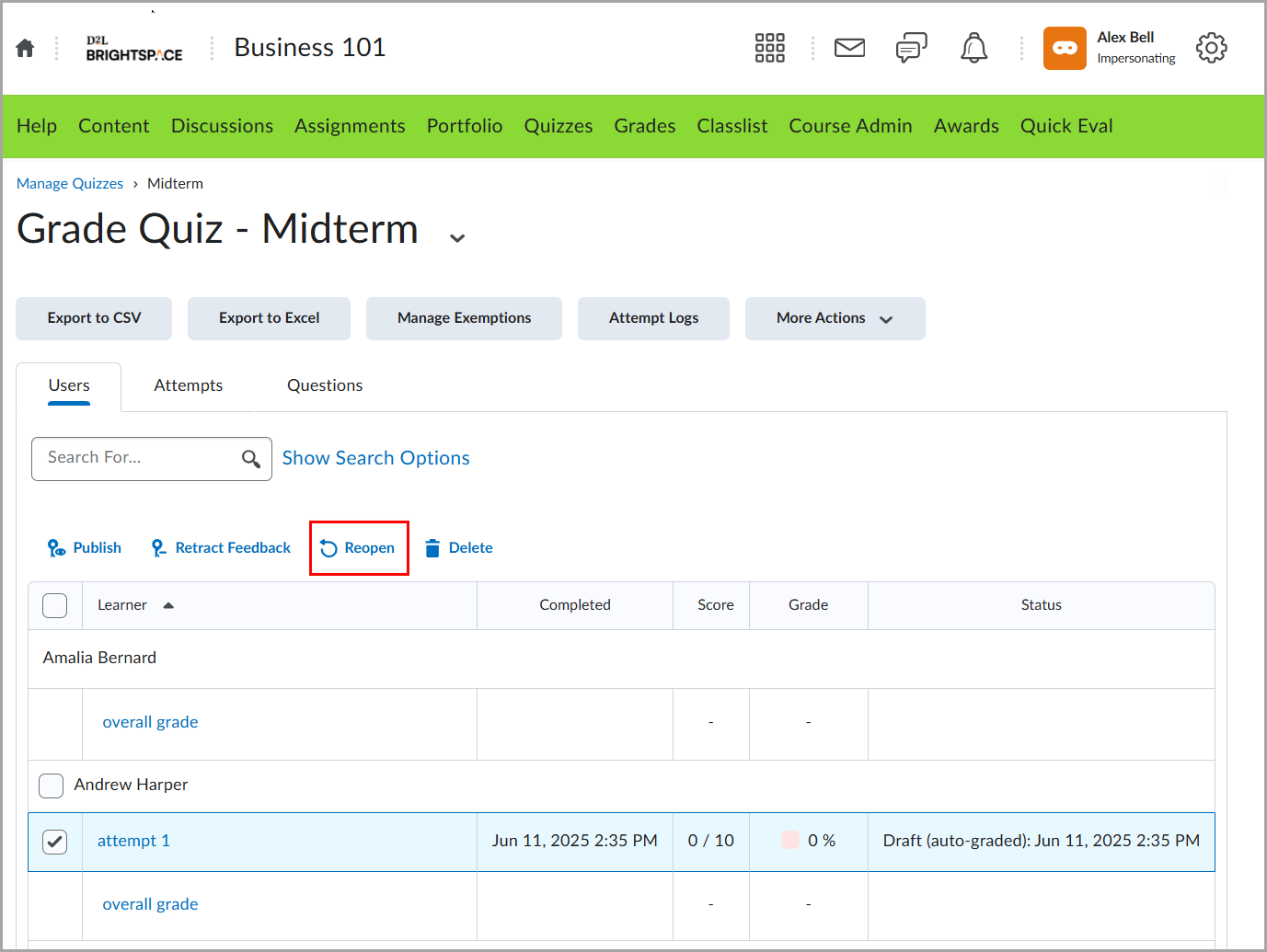 Interface mostrando as tentativas de realização do questionário selecionadas com a opção Reabrir realçada.