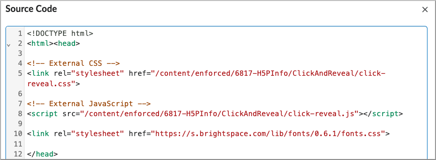Éditeur de source HTML affichant le lien et les balises de script qui font référence aux fichiers externes CSS et JavaScript à l’aide du chemin de l’offre de cours.