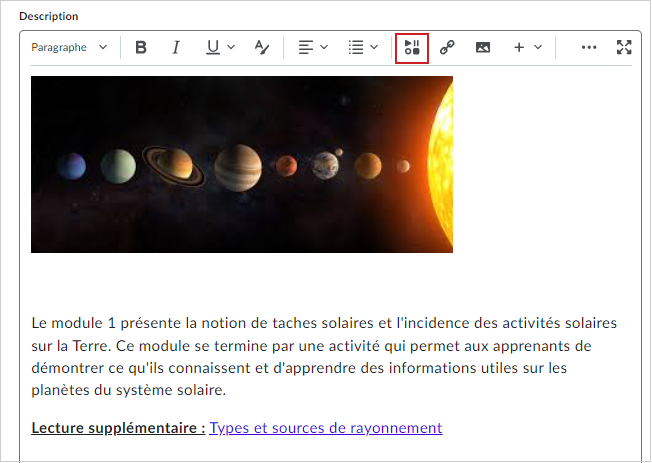 Le bouton Insérer quelque chose s'affiche dans la barre d'outils de l’Éditeur Brightspace d’un sujet de contenu.