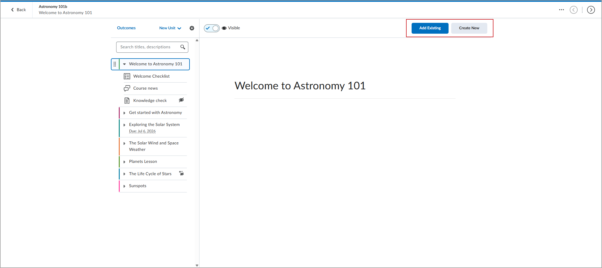 New Content Experience with the Add Existing and Create new buttons highlighted